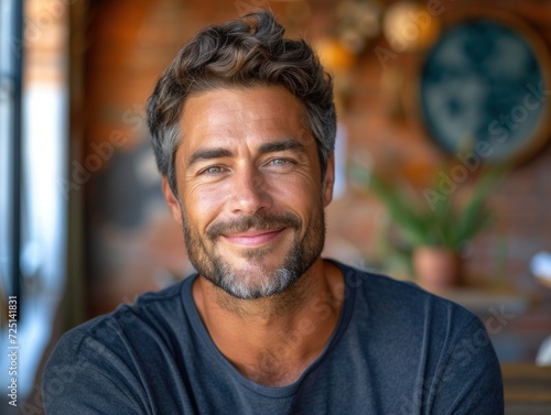 Handsome Man with Blue Eyes and Casual Tee Smiling