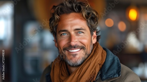 Handsome Smiling Man with Scarf in Autumn Setting