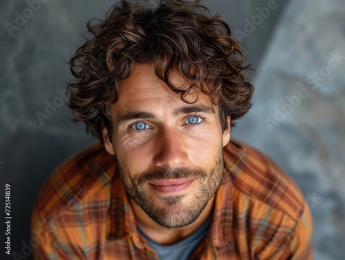 Casual Man with Curly Hair and Blue Eyes Smiling