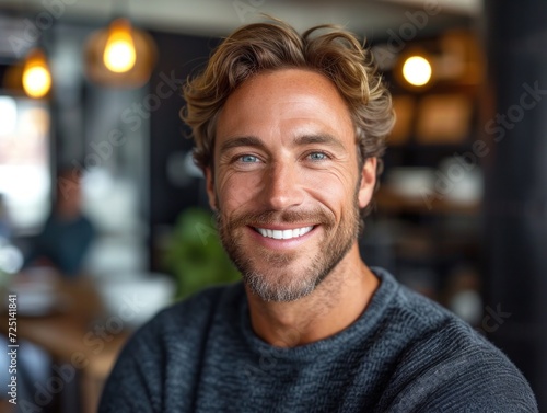 Friendly Casual Man Smiling in a Cozy Cafe