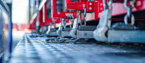 Truck platforms with reinforced anchorage and ratchet fixing strap for floor connection and selective focus vertical image. photo
