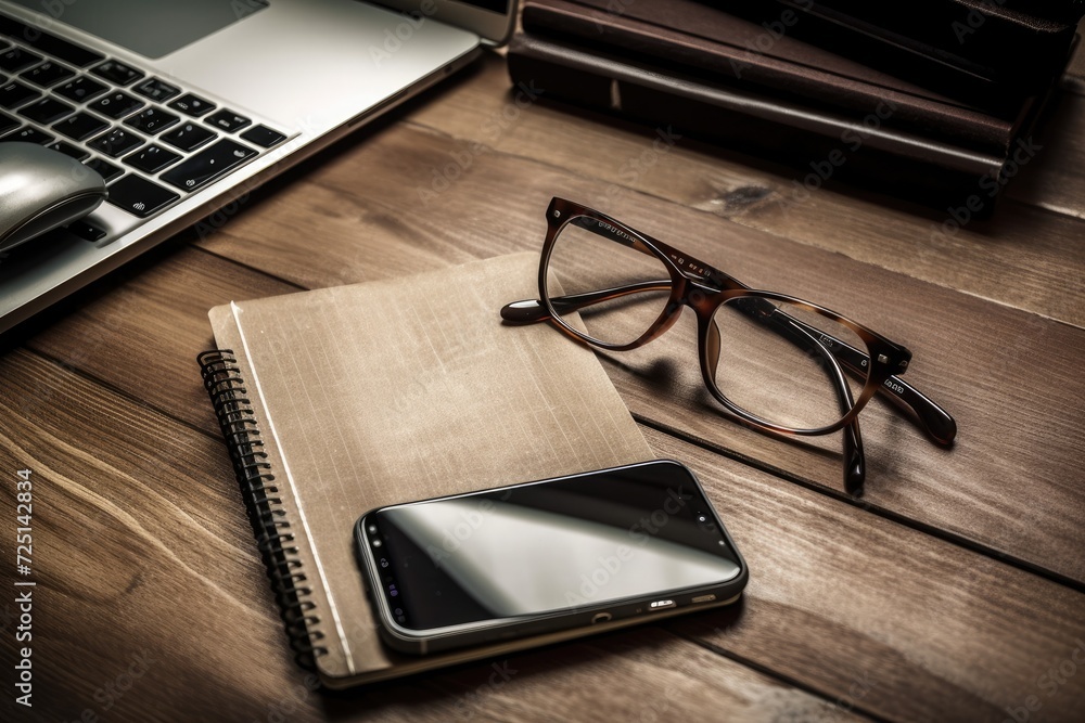 On a wood table is a desk workspace with a laptop, a notepad, glasses, and a smartphone. Note book background, focus wire On a wood table is a desk workspace with a laptop, a notepad, glasses, and a smartphone. Note book background, focus wire