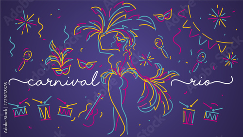 Carnival Brazil 2024 handwritten typography colorful logo. Party girl samba dancer and carnival elements with confetti isolated on purple background