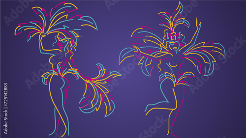 Carnival party 2024 colorful masked girls samba dancers isolated on purple background