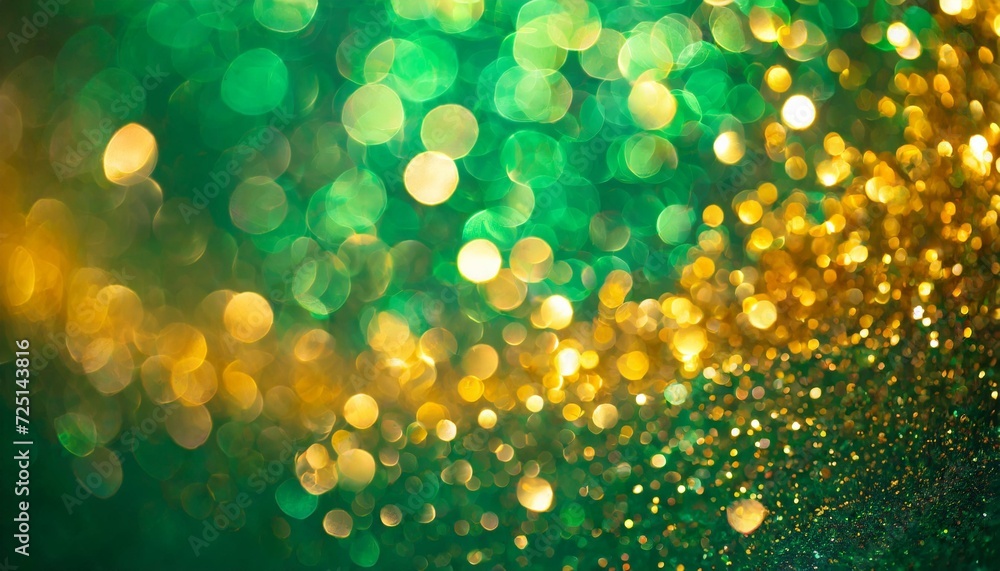 water drops on a glass light boked gold bright Abstract blur bokeh banner background. Gold bokeh on defocused emerald green background - obrazy, fototapety, plakaty 