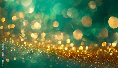 Gold blur light drops of water on a yellow background, Abstract blur bokeh banner background. Gold bokeh on defocused emerald green background