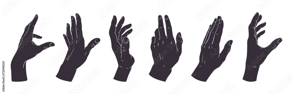 Hand palms gesture silhouettes. Human hands signs, peace, okay, call position flat vector illustration set. Gestures black silhouettes - obrazy, fototapety, plakaty 