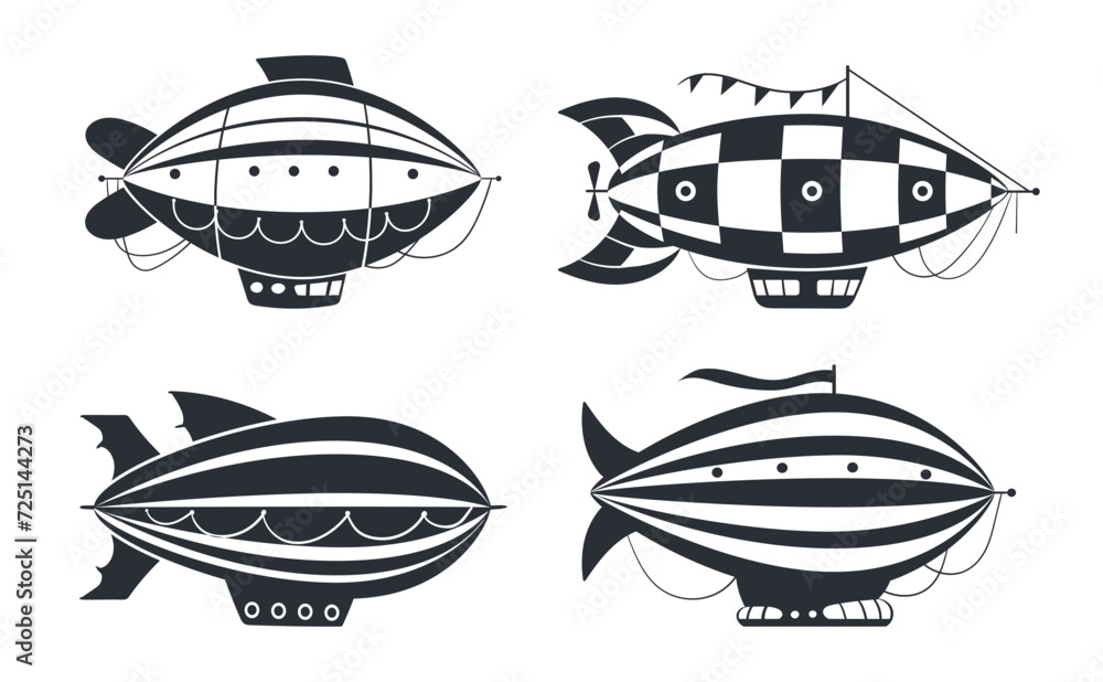 Vintage dirigibles silhouettes. Retro aircrafts, hot air airships flat vector illustration set. Flying transportations silhouettes on white