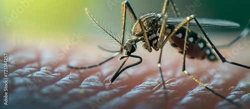 Mosquitoes feed by piercing the proboscis into the human body, while they sit on the body's surface. photo