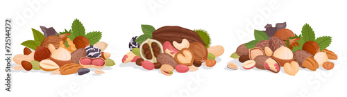 Nuts bunches. Seeds and nuts handfuls, cashew, peanut and walnut mix, delicious vegetarian nuts mix flat vector illustration set. Raw nuts and seeds bunch collection