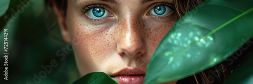 Horizontal banner with copyspace for text. Closeup portrait of young white woman 20 years old with freckles and blue eyes looks at camera in jungle forest, palm grove among banana green leaves.