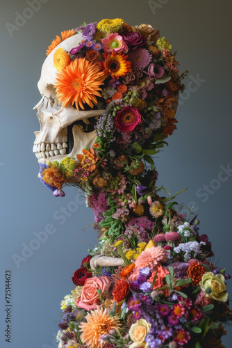 A human skeleton made out of flowers. Skull and body growing and overflowing with flowers and leaves concept.