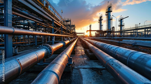 Factory pipelines at sunset, crude gas and oil pipes of refinery plant or petrochemical industry. Perspective view of steel industrial lines and sky. Concept of energy, production photo
