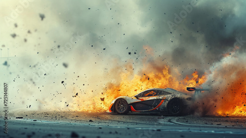 Sports car burns on track during race, vehicle drives in fire, wreckage and smoke. Accident with flame and sparks on road. Concept of speed, fast, crash, wreck, action, background. photo