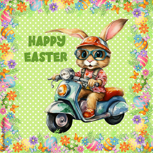Easter Funny bunny with scooter Happy Easter illustration in pastel colors