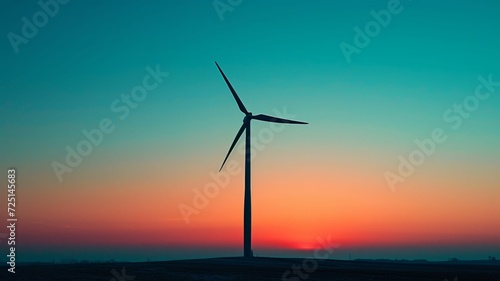 single wind turbine silhouette against a clear, gradient sky, symbolizing renewable energy and ecology