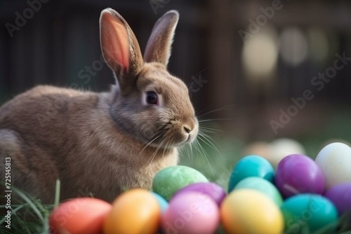 Joyful rabbit holding Easter eggs, vibrant Easter celebration. Generative AI © Zephyrine