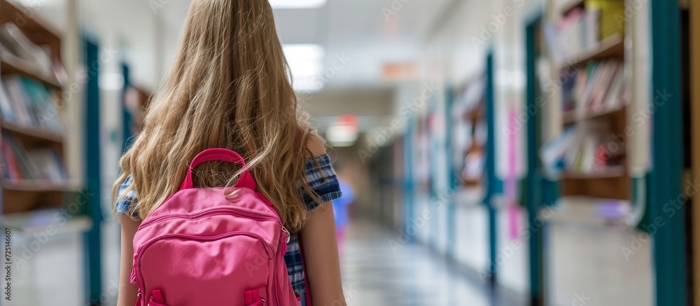 Unknown Caucasian girl carrying school supplies and a pink backpack in a school hallway during back-to-school season. Unknown Caucasian girl carrying school supplies and a pink backpack in a school hallway during back-to-school season.