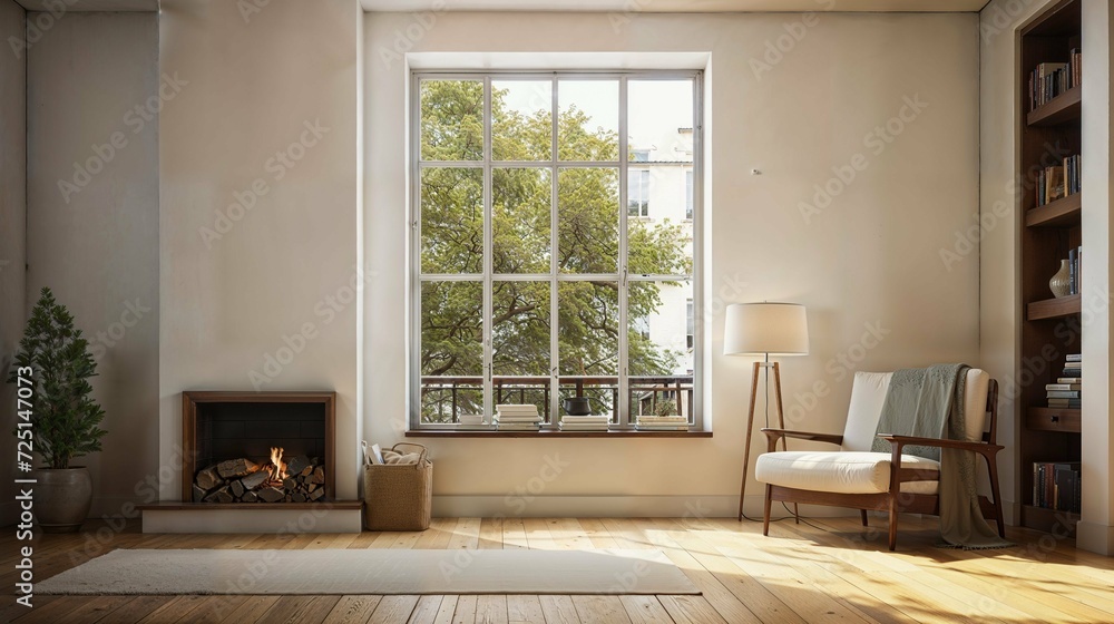 Living room with a large window and fireplace and city views Living room with a large window and fireplace and city views