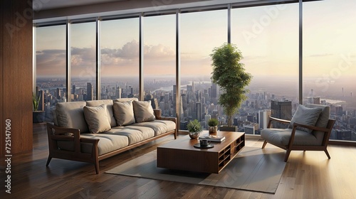 Interior design and decoration, Living room with wooden furniture and views of the Big Apple