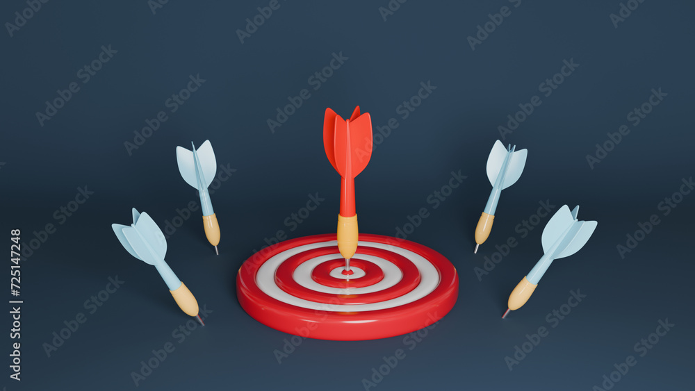 A red and white cartoon target with a dart in the center and missing darts around it. Competition or marketing concept. 3D rendering. A red and white cartoon target with a dart in the center and missing darts around it. Competition or marketing concept. 3D rendering.