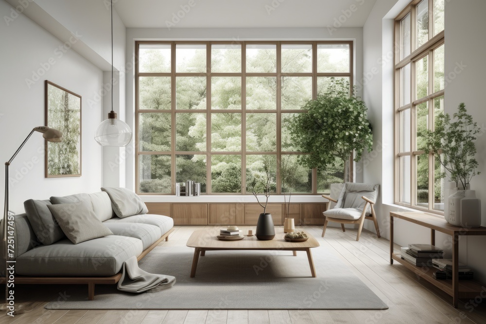 Front view of a living room with numerous windows, two seats, a coffee table, and a long gray sofa Front view of a living room with numerous windows, two seats, a coffee table, and a long gray sofa