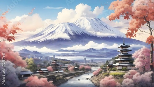 japanese fuji mountain,chery blossom tree photo