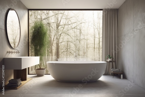 Close up of a white bathtub in a bathroom with a big window that is sitting on concrete. a mockup
