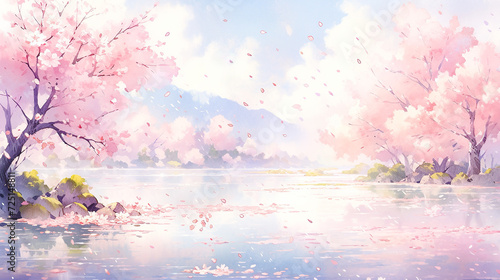 満開の桜の木に囲まれた水辺の水彩イラスト風景