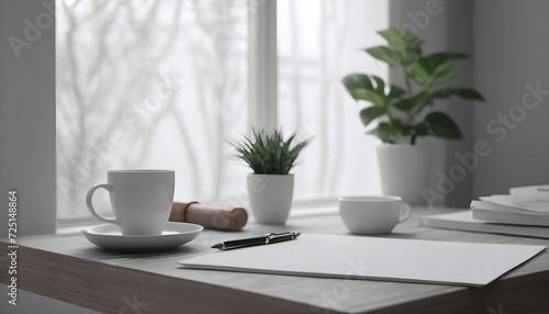 Minimal Scandinavian contemporary empty wooden table with sunlight. Simplistic office  Cafe  and library