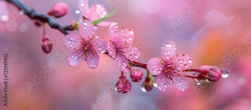 Macro shot of a branch with pink flowers and droplets of water, resembling a single pink cherry blossom branch. © 2rogan