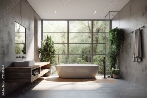 A gray bathroom with a concrete floor and a white bathtub with a sizable gray towel hanging from it. Above it is a window. corner planter with a potted plant. a mockup © Vusal