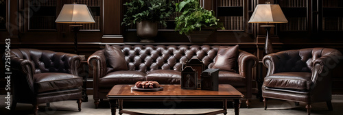 EJ Victor's Exquisite Furniture - Luxurious Leather Couch and Mahogany Coffee Table in Upscale Interior