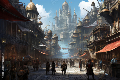 Bustling Steampunk City Street with Vendors and Pedestrians