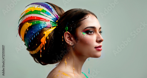 Abstract close-up image of a woman with a large bun of hair smeared in multi-colored oil paint.