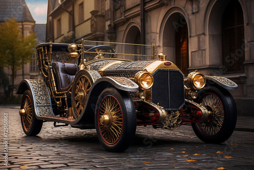 Classic Steampunk Car on Cobblestone Street © Stock Habit