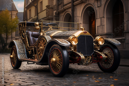 Classic Steampunk Car on Cobblestone Street