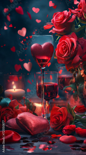 A romantic Valentine's Day, red hearts, flowers, gifts, and a date night