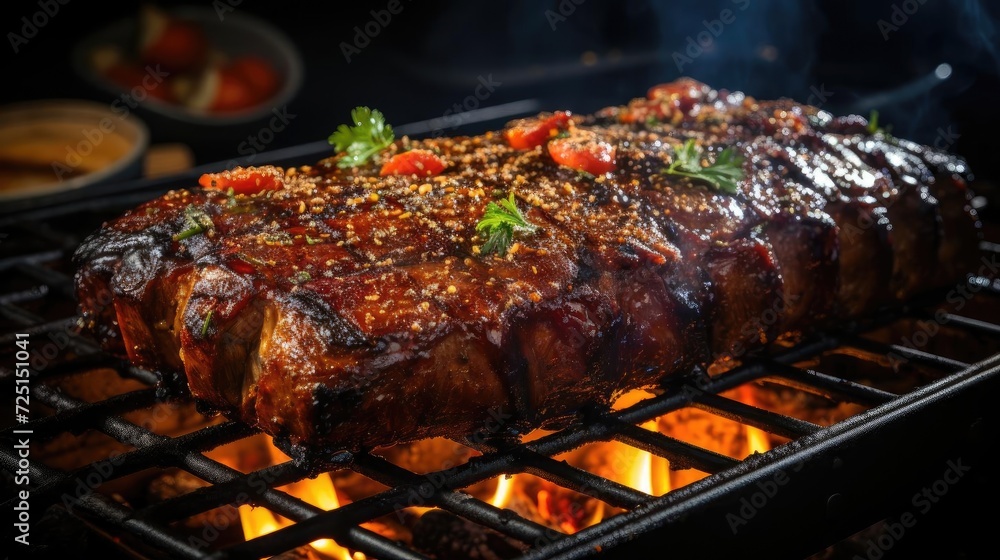 Realistic grilled barbeque with melted barbeque sauce and cut vegetables, black and blur background