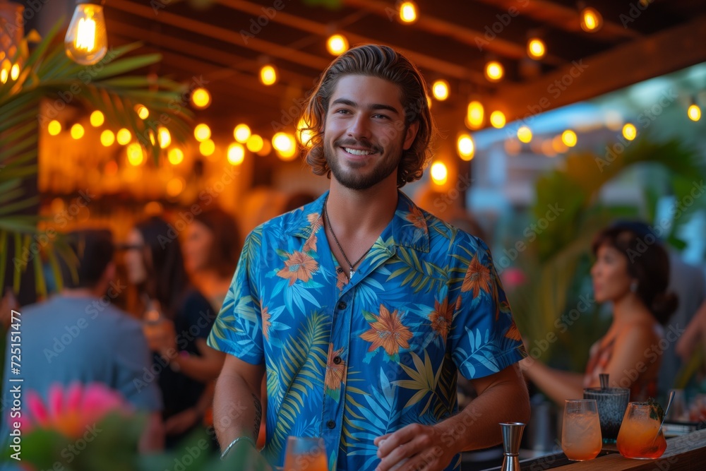 A charismatic bartender wearing a blue Hawaiian shirt at a vibrant city rooftop bar with a tropical theme.