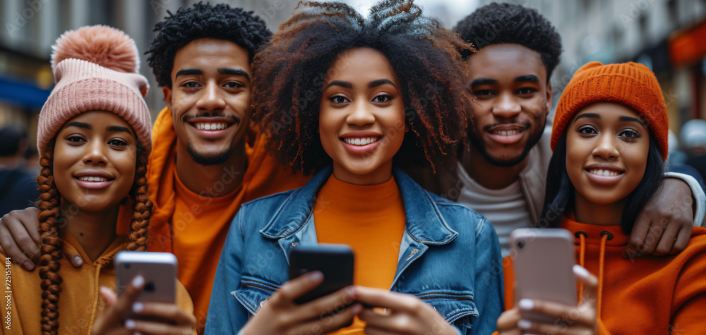 Obraz premium Group of young people using their smartphones. 5G, connectivity and telecommunications concept image.