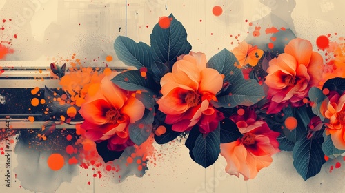 A modern abstract floral artwork collage. The shapes and colors of trendy flower like orchid, hydrangea, and rose, but present them in a stylized, abstract manner.