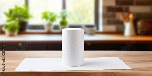 White paper towel roll on wooden kitchen table with space for text.