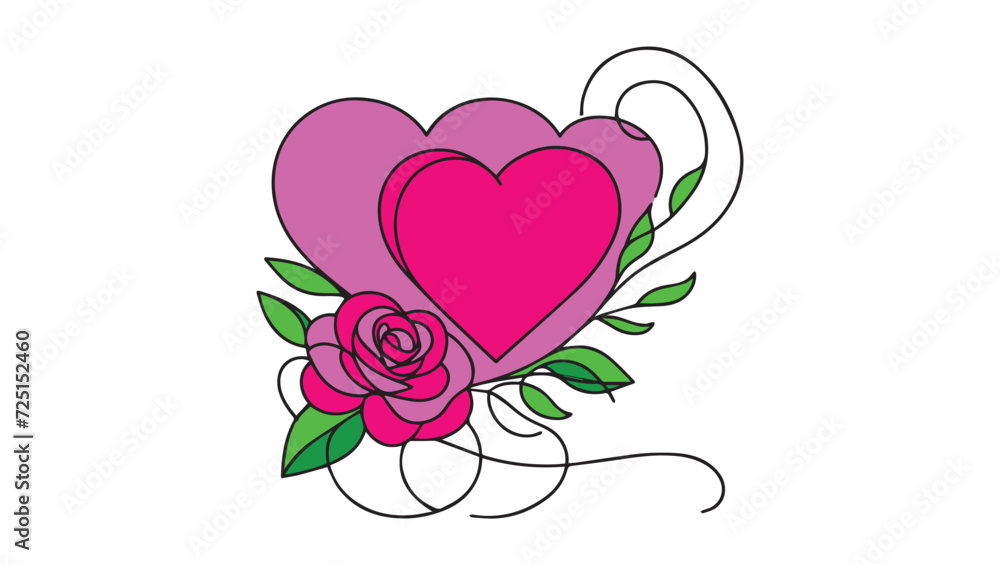pink heart with flowers with green leaves rose and heart line art illustration for Valentine Day