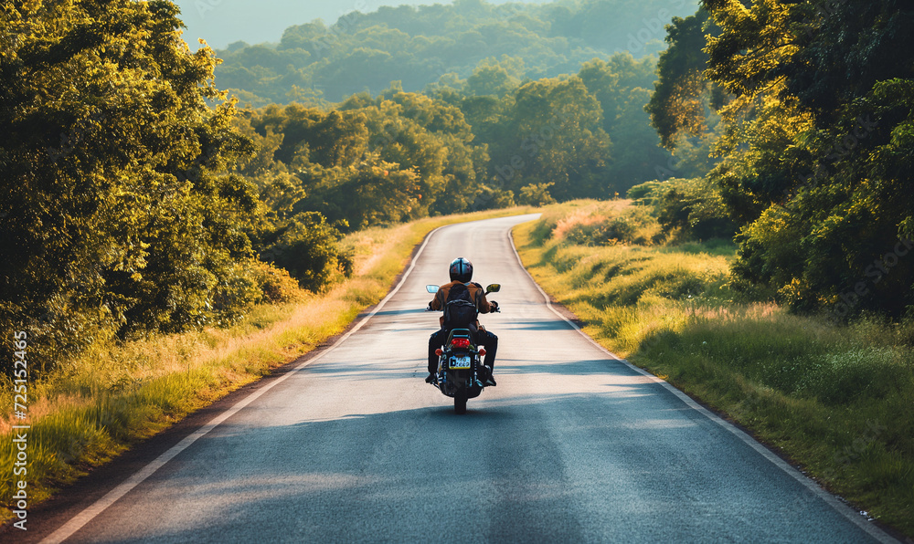 a couple riding on motorcycle, with full biking gear, speed photography, open stretch road, surrounded by scenic natural beauty