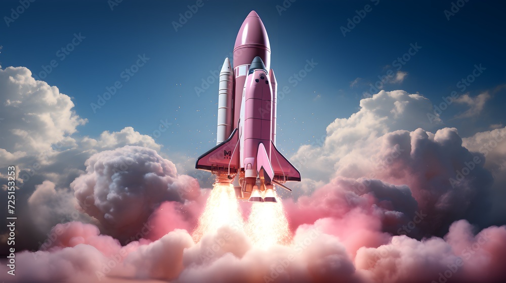 Illustration of a pink rocket in flight