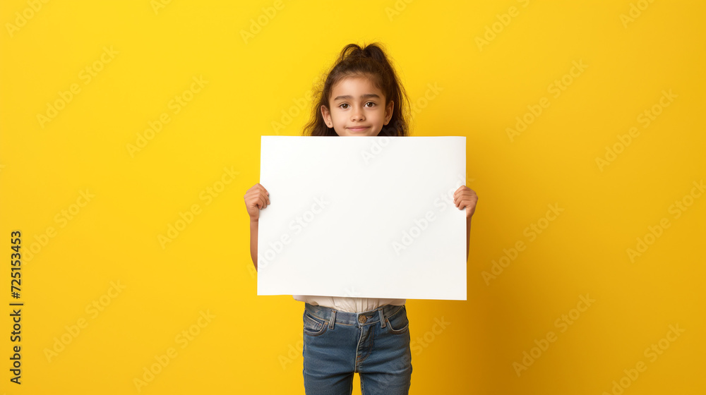 Child girl holding white sheet of paper on yellow background