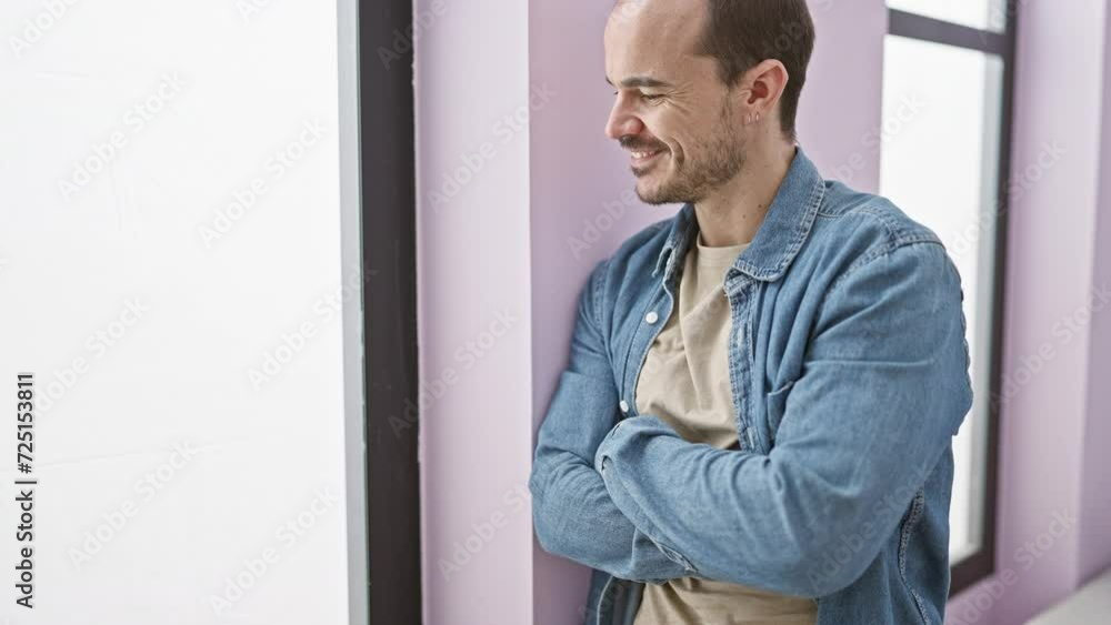Smiling bearded man with arms crossed in casual attire standing indoors near a window with purple curtains. Smiling bearded man with arms crossed in casual attire standing indoors near a window with purple curtains.