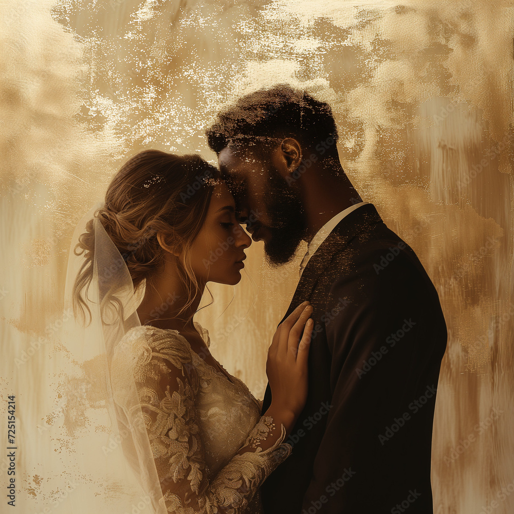 Close up portrait of wedding couple embracing in love