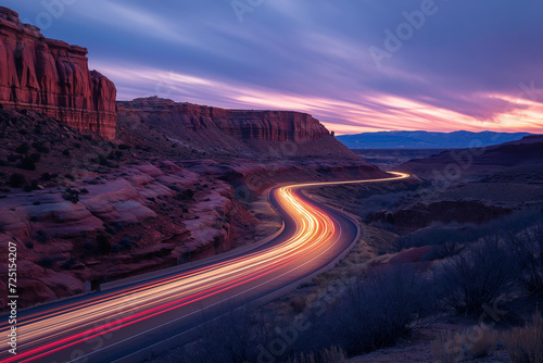Long exposures of cars streaking down the highway through canyon country during twilight